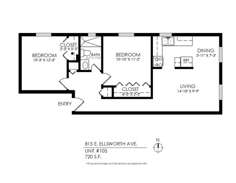 A black and white image of a floor plan for a home with two bedrooms, a living room, a dining room, and a bathroom.